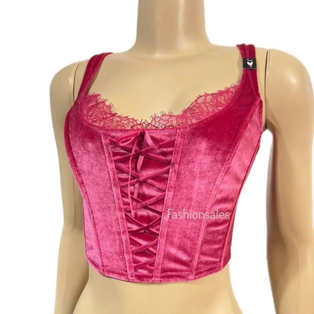 Victorias Secret Dream Angels Unlined Lace-up Velvet Corset Top Bra Pink S-DD